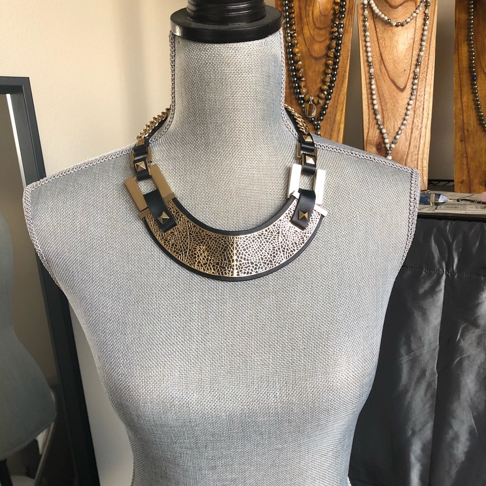 BCBG MAXAZRIA gold and leather statement necklace